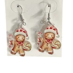 Gingerbread Candy Cane Christmas Dangle Earrings Holiday NWT